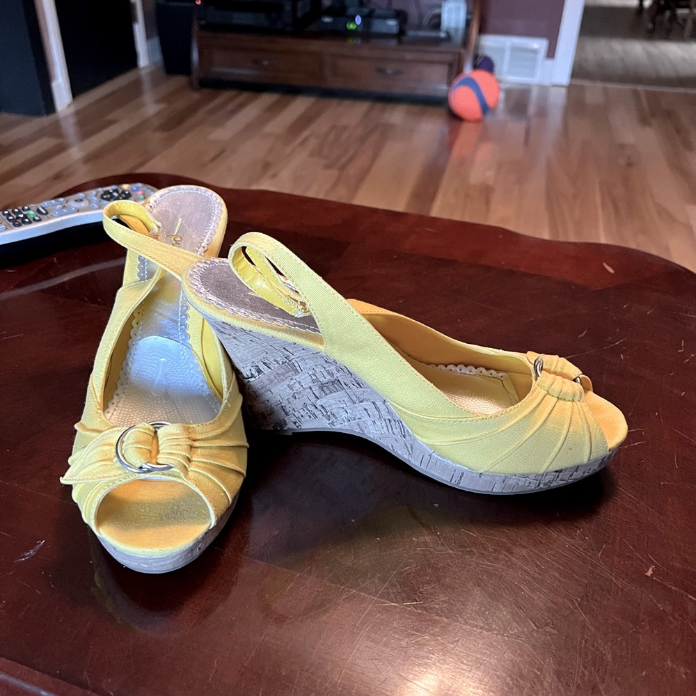 Yellow canvas wedge heels